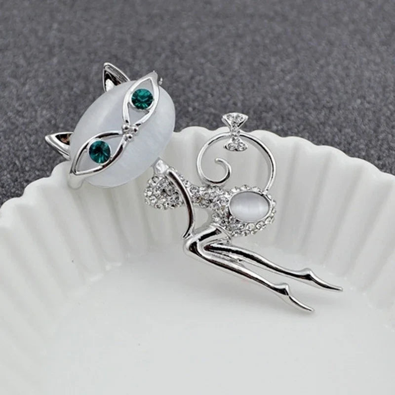 Opal Cat Eye Stone Brooch – Crystal Kitten Pin for Women
