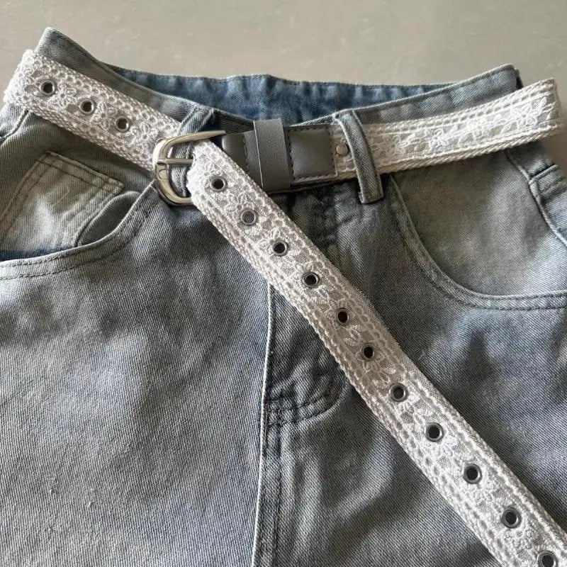Vintage Lace Canvas Belt for Women – Metal Buckle 110cm