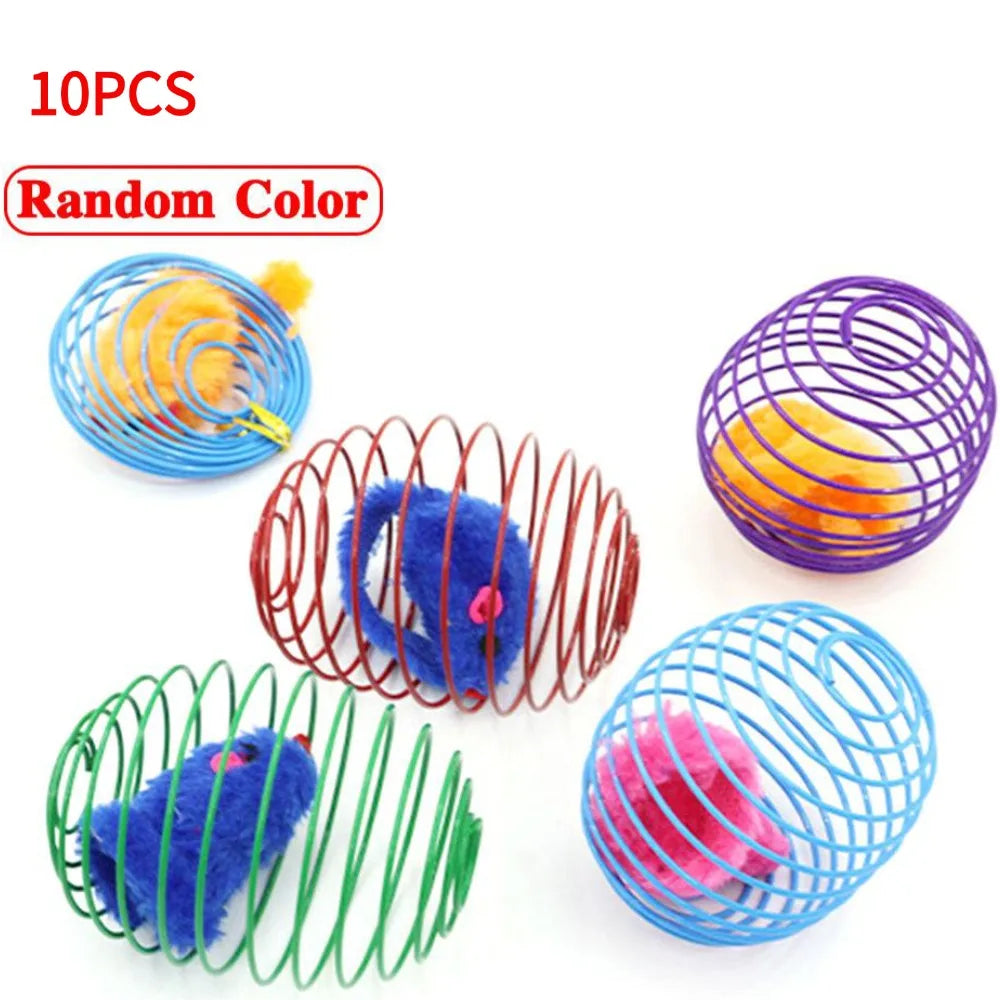 Interactive Caged Spring Cat Toy Ball with Mouse – Random Color