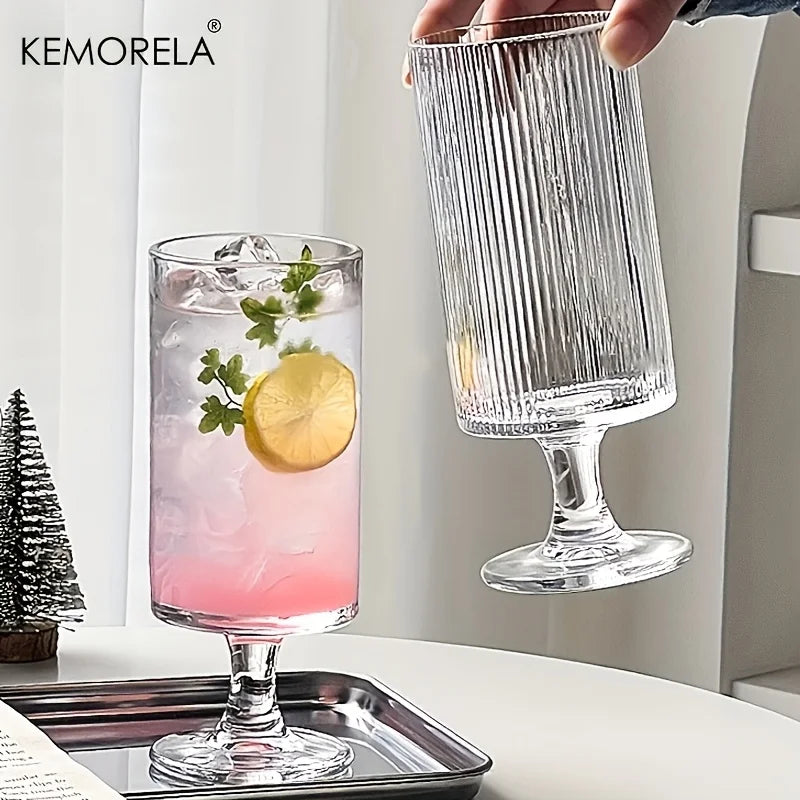 KEMORELA High-Foot Striped Glass Cup – Coffee, Wine & Juice
