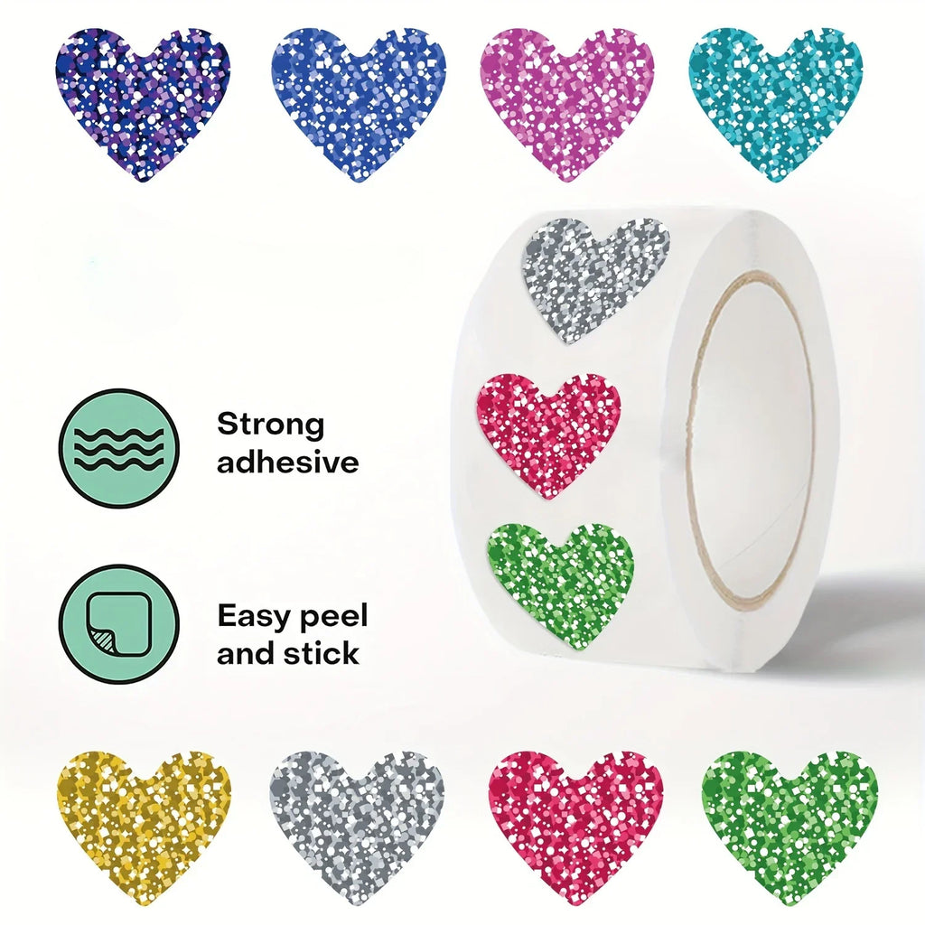 Glitter Heart Stickers Roll – 500 Sparkly Self-Adhesive Hearts