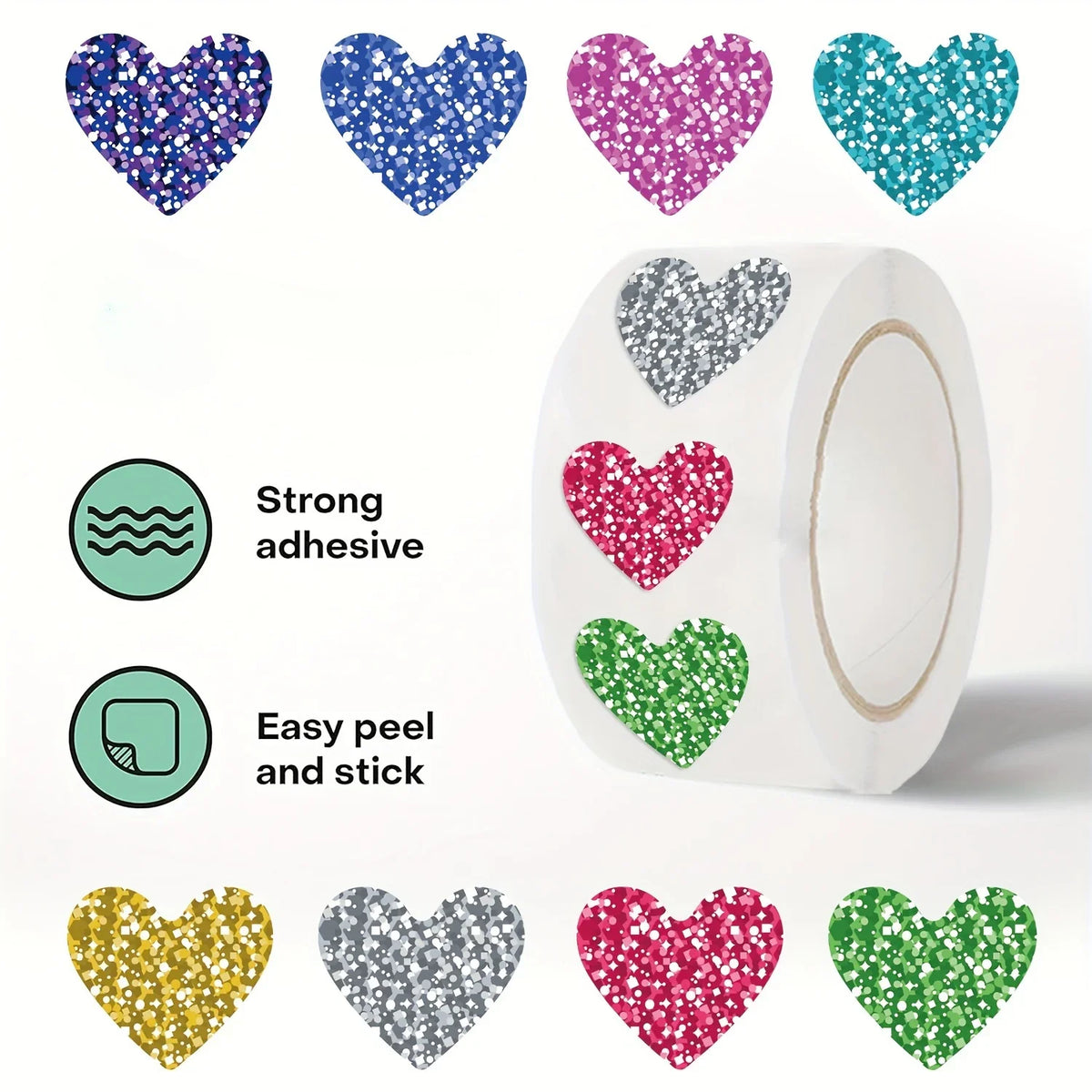 Glitter Heart Stickers Roll – 500 Sparkly Self-Adhesive Hearts
