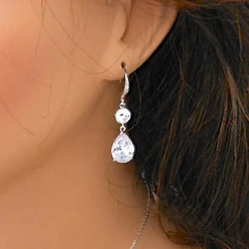 Huitan Waterdrop CZ Drop Earrings – Silver Tone Wedding Party