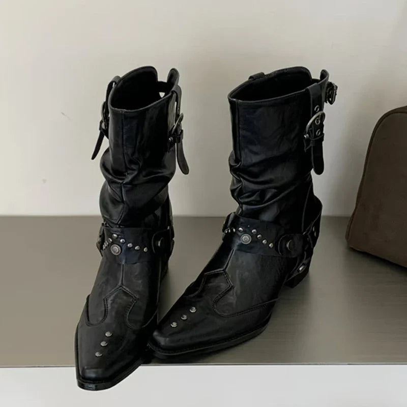 Women's Western Rivet Buckle Ankle Boots – Pointed Toe Heels