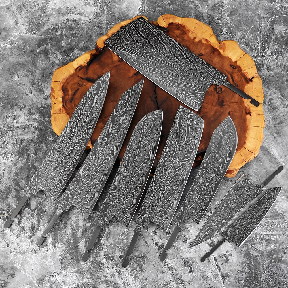 Damascus Steel Knife Blank Set 1–8 PCS | DIY Kitchen Blade