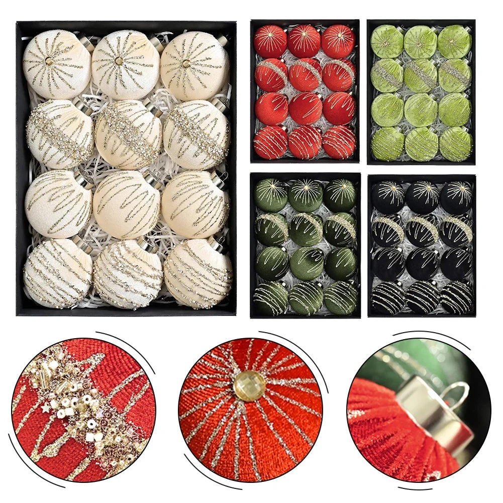 12-Piece Flocked Velvet Christmas Ball Ornaments | 8cm Set