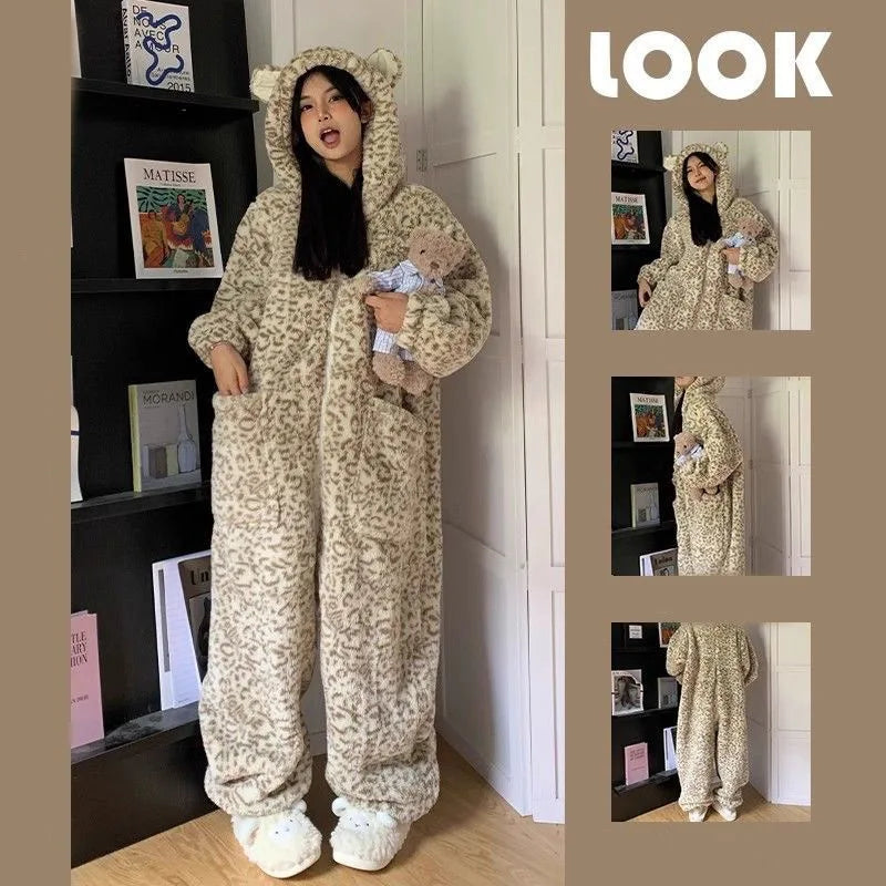 Women's Hooded Leopard Print One-Piece Fleece Pajamas