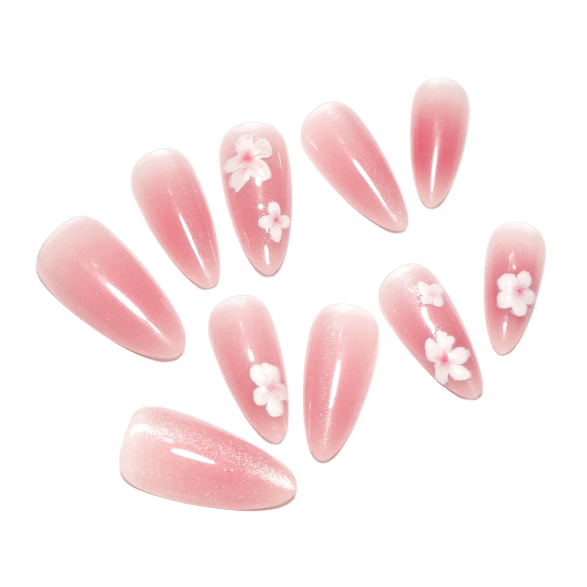 Handmade Pink Cat Eye Press-On Nails | Almond Korean Style