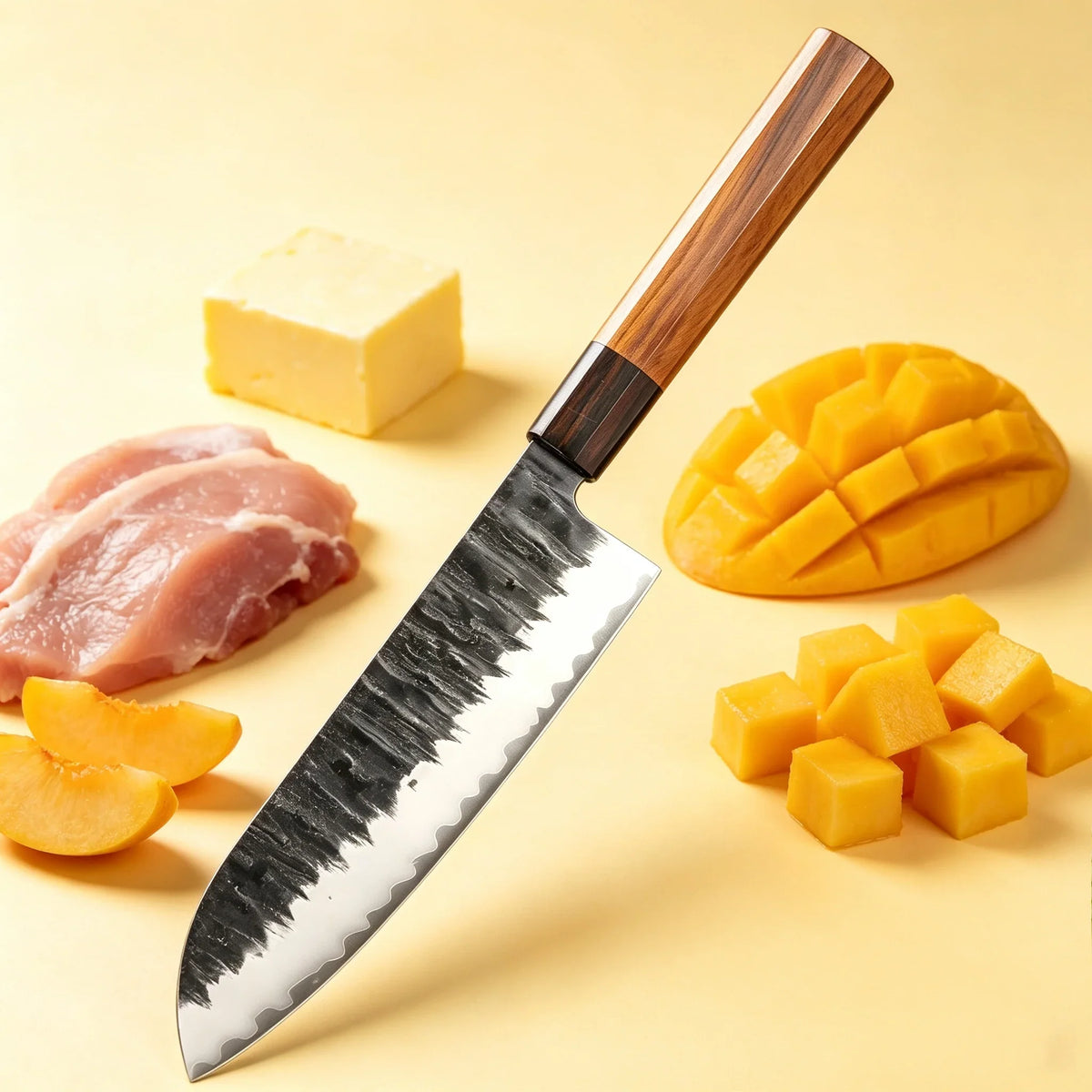 Premium Japanese Santoku Knife – Clad Steel, Wood Handle