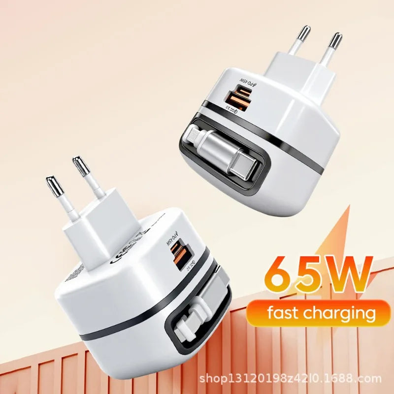 65W Foldable Wall Charger with Retractable Cable | Travel Adapter