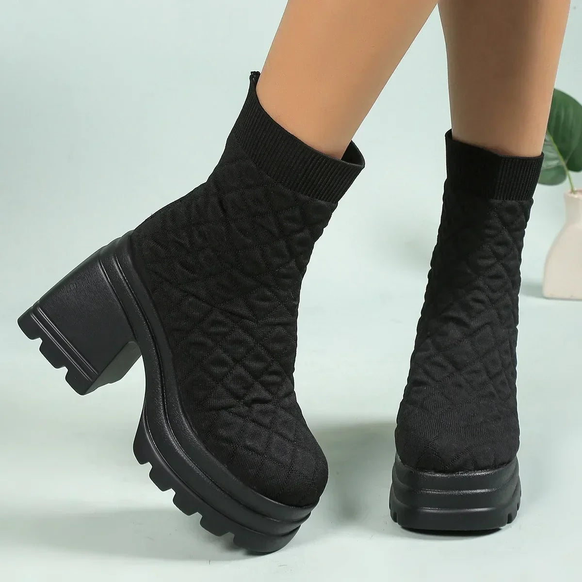 Women's Chunky Knit Platform Ankle Boots – Square Heel Slip-On