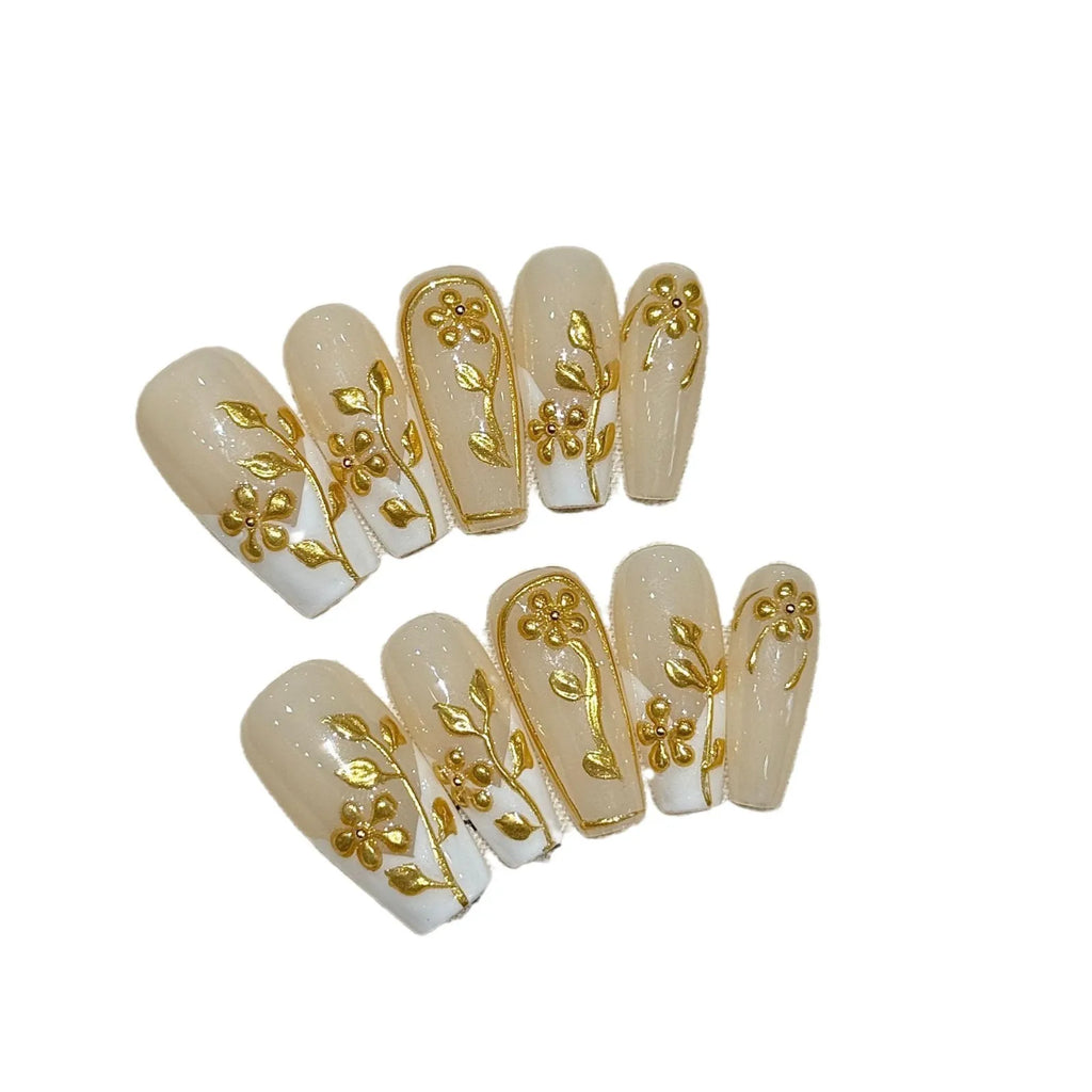 Gold Flower French Press-On Nails | Long Coffin False Nail Set