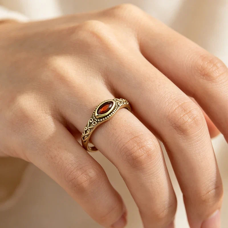 Huitan Vintage Gold-Tone Garnet Marquise CZ Ring | Women