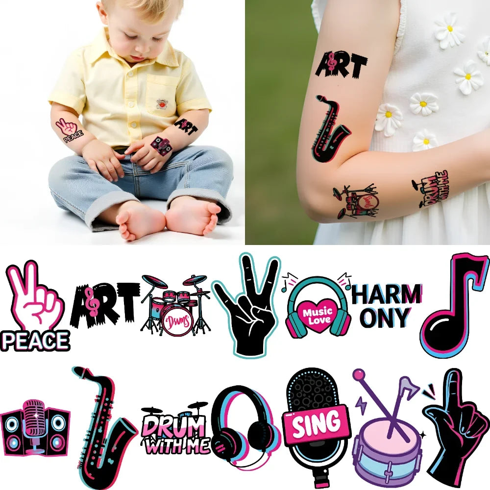63-Piece Waterproof Temporary Tattoo Stickers – Retro Music Icons