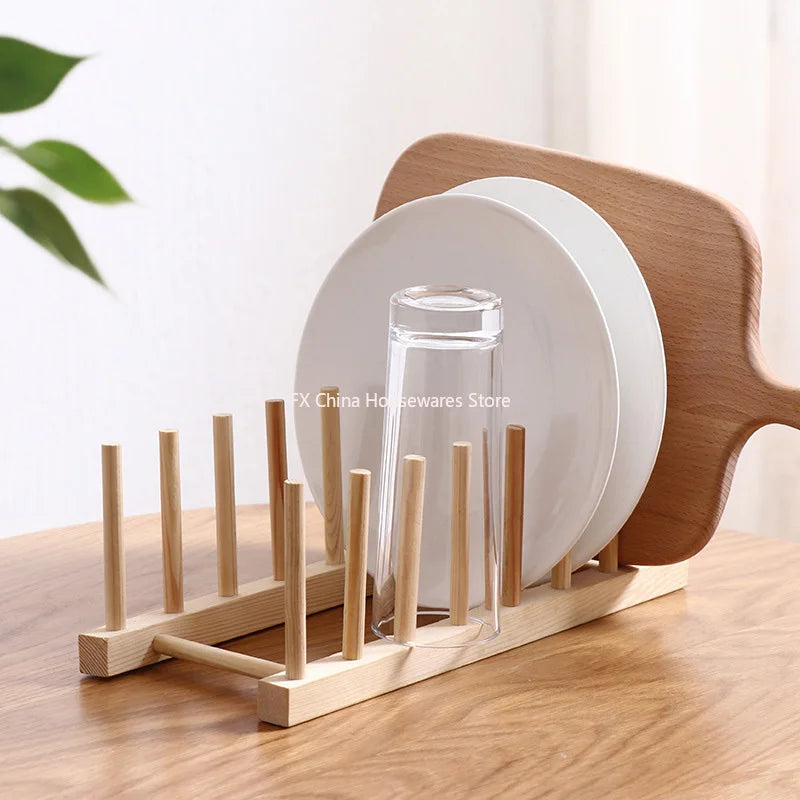Plate Storage Rack Multifunctional Wooden Dish Cup Pot Lid Drain