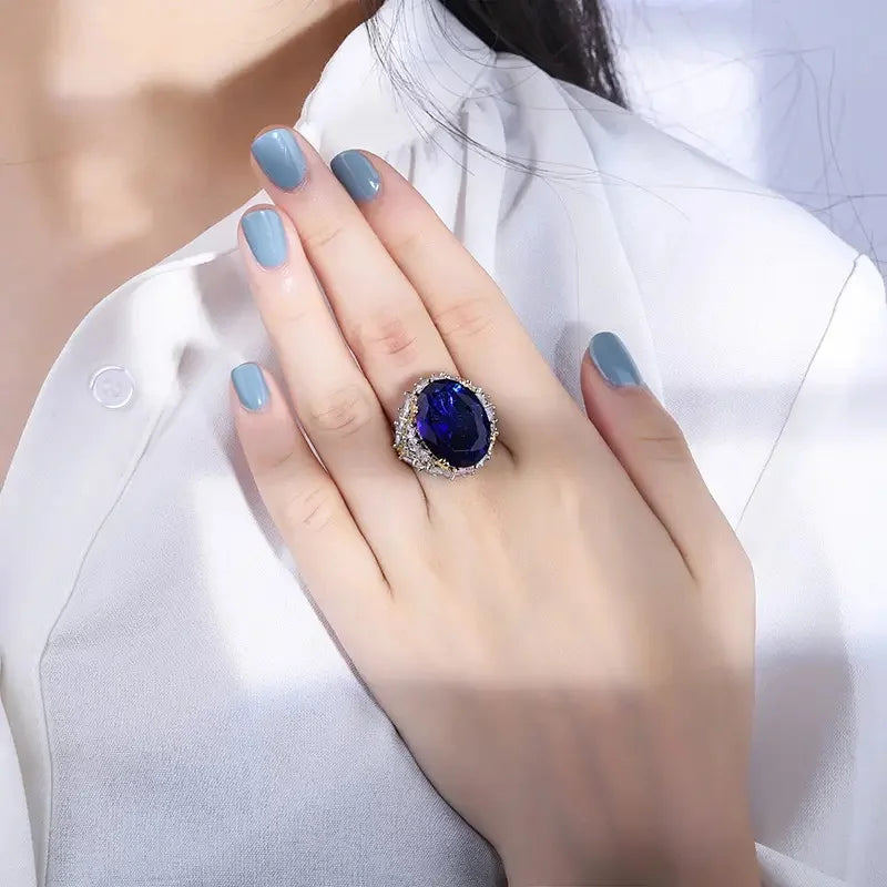 Huitan Oval Blue CZ Two-Tone Women's Wedding Band Ring