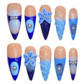 Press-On Nails Sea Blue Starfish 3D Pearl Long Pointed French Tips