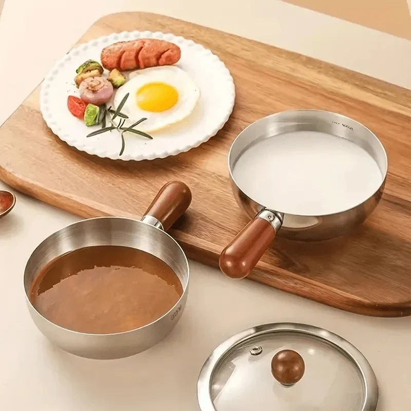 Korean Ramen Pot Lid Stainless Steel Wooden Handle Noodle Cooker 1-2
