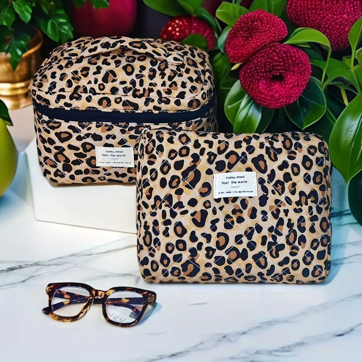 European American Ins Leopard Print Makeup Bag Double Layer Large