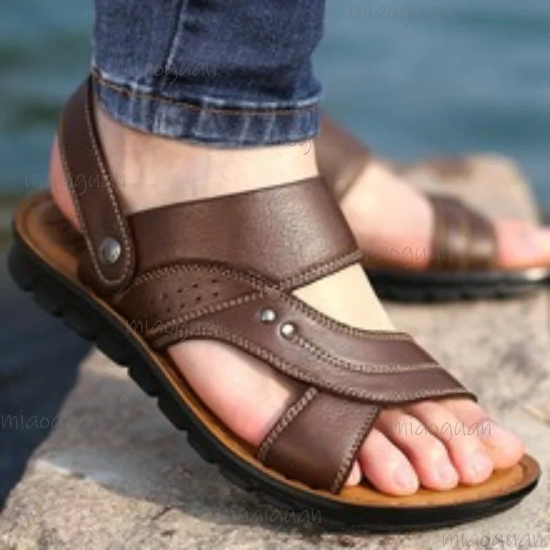Men's Roma Leather Sandals – Non-Slip Thick-Sole Beach Shoes