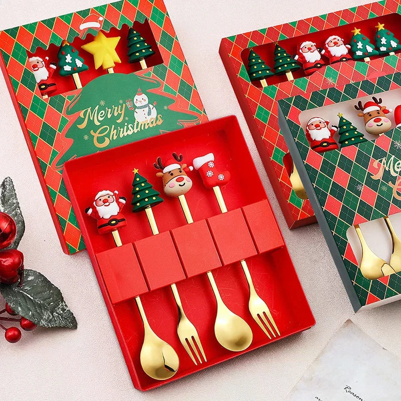 Stainless Steel Christmas Dessert Spoons Cake Forks Cartoon Tree Elk