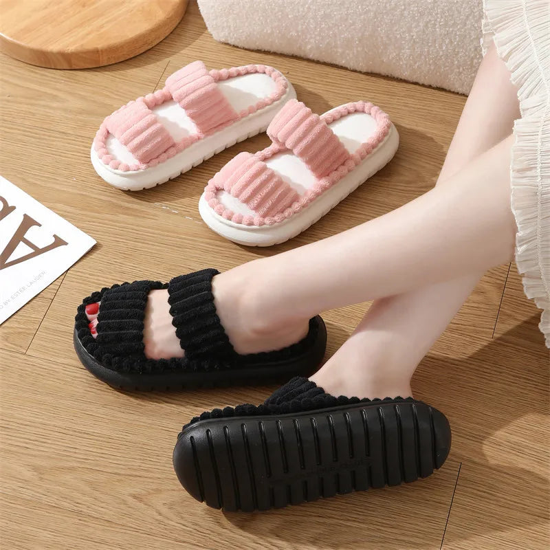 Women's Corduroy Plush Platform Slippers | Warm Furry Indoor Slides