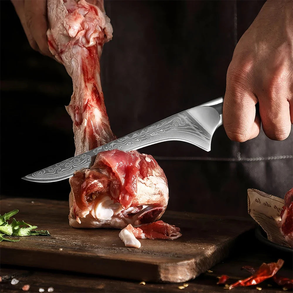 67-Layer Damascus Steel Boning Knife – Forged Kitchen Knife