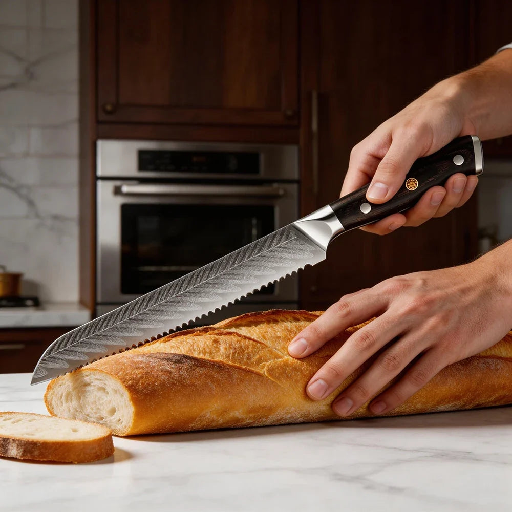 XITUO 8" Serrated Bread Knife – Damascus Steel Laser Blade