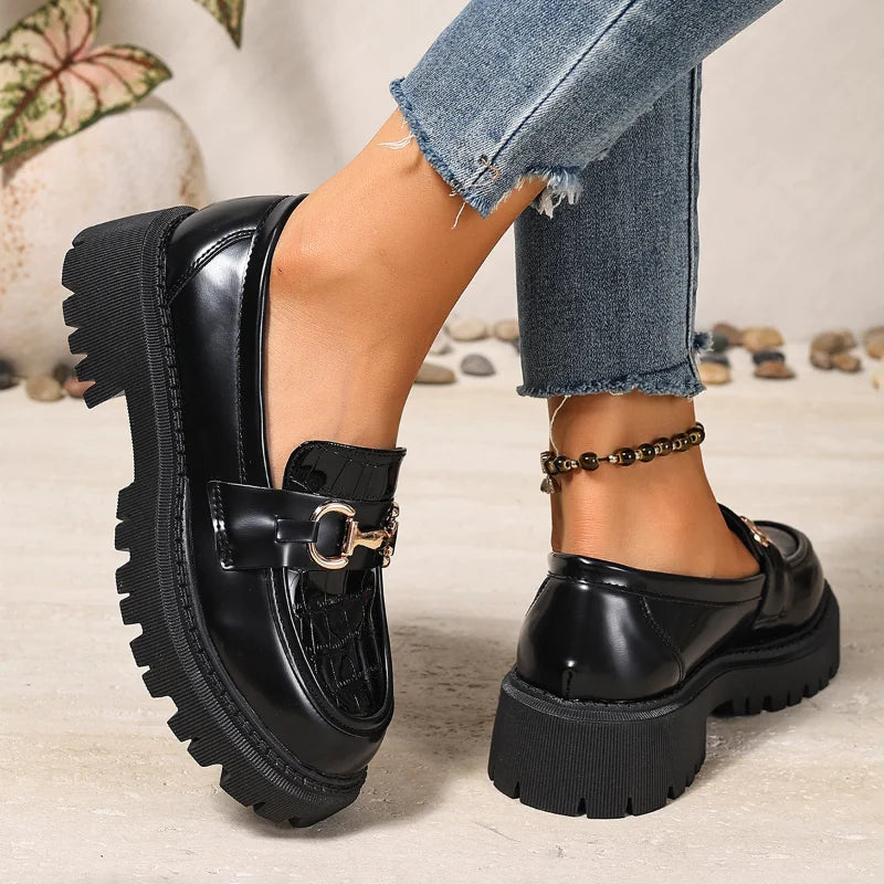 Women's British Slip-On Loafers | Thick Sole PU Leather Flats