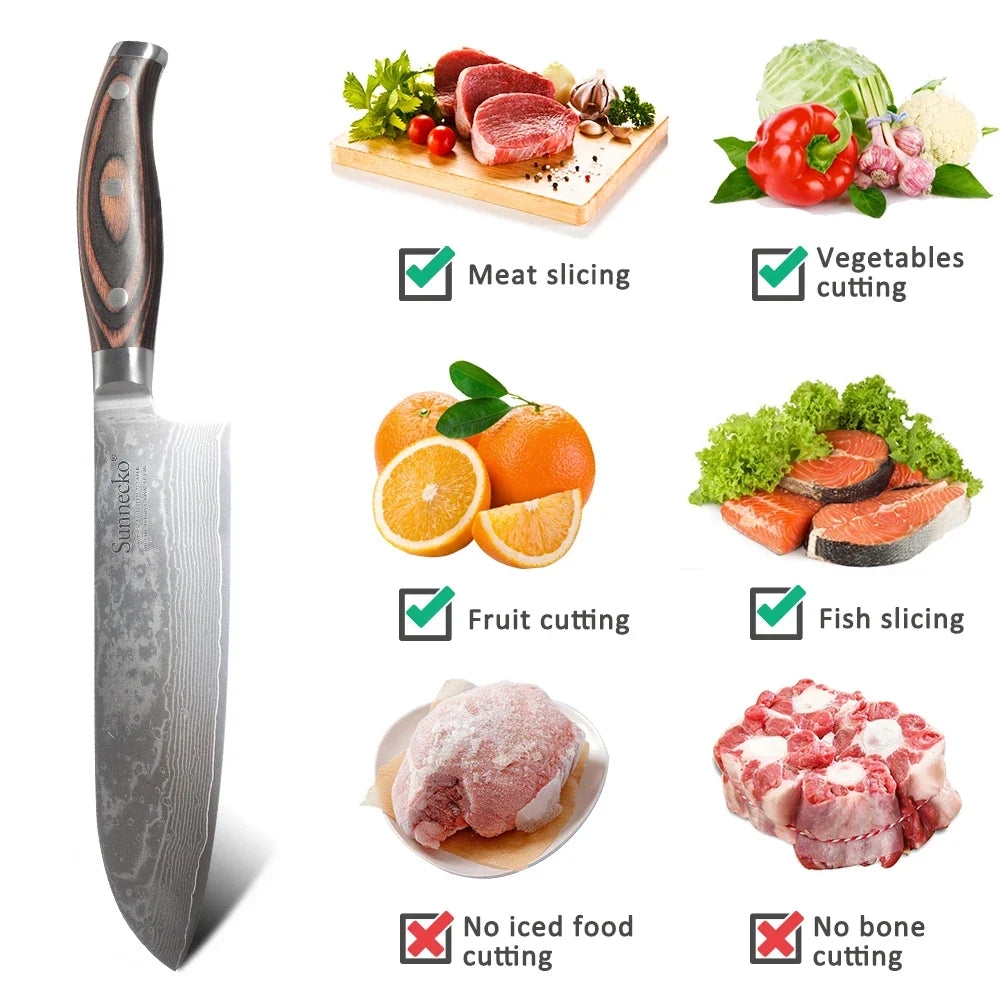 Sunnecko 7" Santoku Knife – VG10 Damascus Steel & Pakkawood