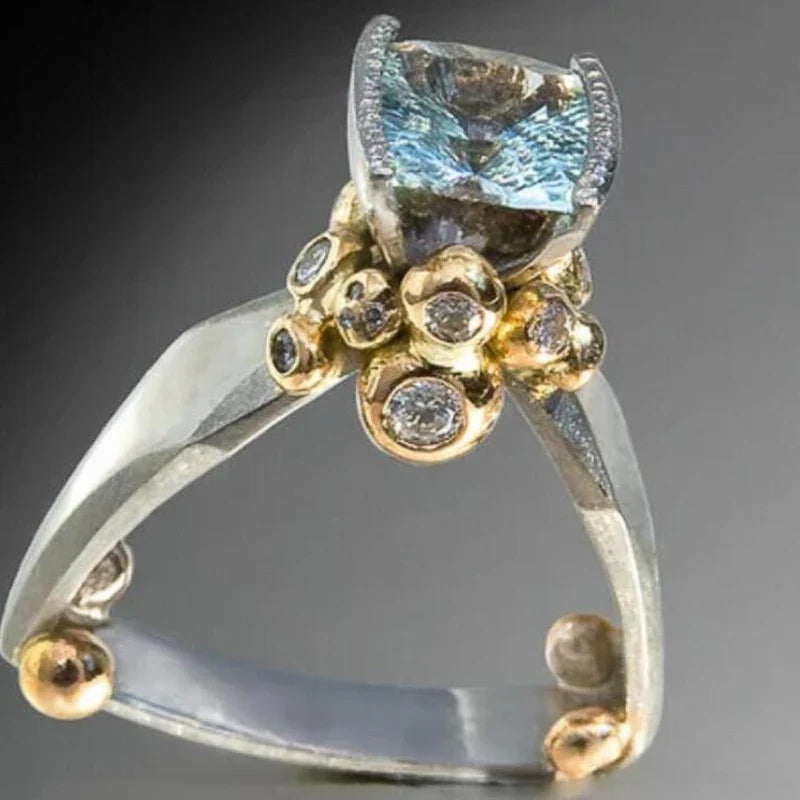 Huitan Blue CZ Two-Tone Triangular Band Ring for Women