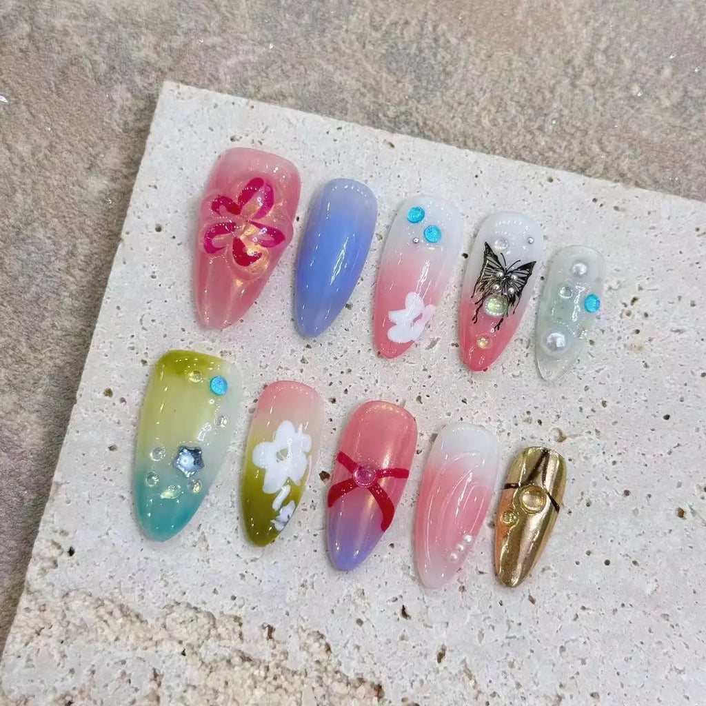 3D Flower Press-On Nails | Nude Pink Almond French False Nails