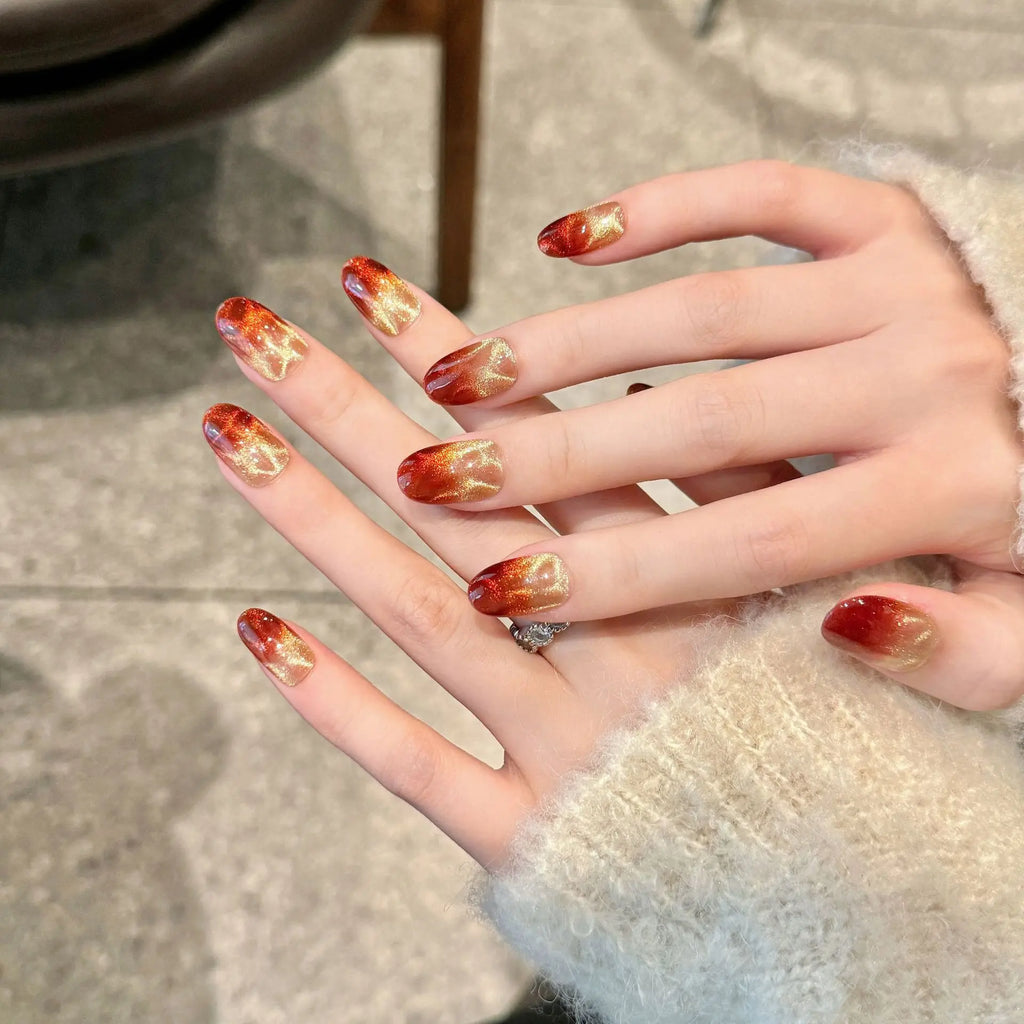 Glitter Gradient Red Cat Eye Press On Nails | Full Cover Set