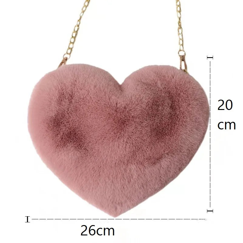 Heart-Shaped Plush Chain Crossbody Bag – Cute Faux Fur Purse
