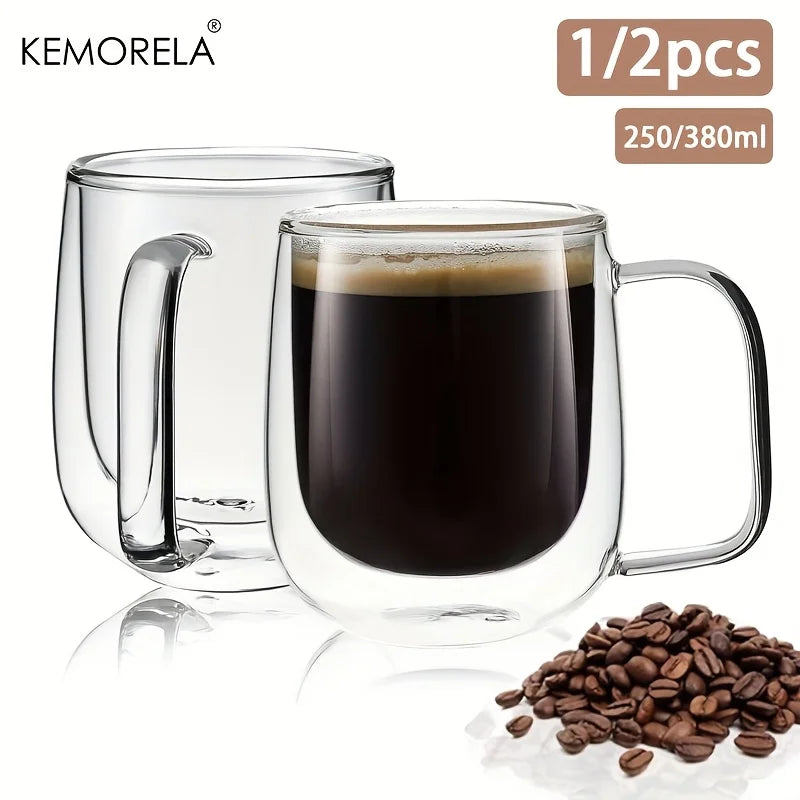 KEMORELA Double Wall Clear Glass Coffee Cup with Handle | 1-2 Pack