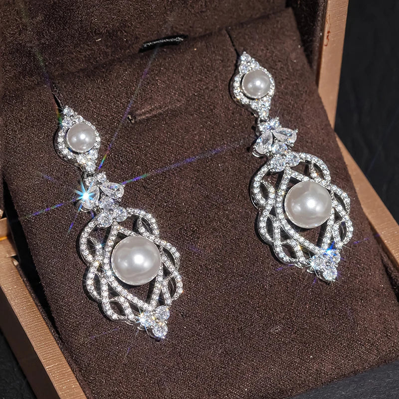 Huitan Pearl CZ Drop Earrings – Silver Dangle Jewelry for Women