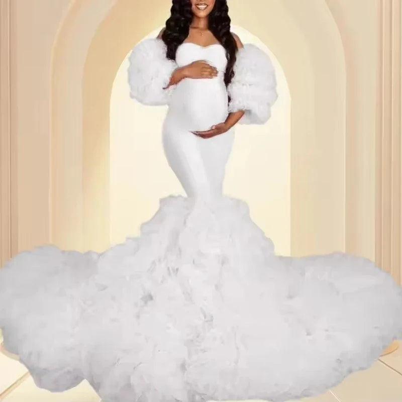 Maternity Tulle Maxi Gown | Ruffle Photoshoot Baby Shower Dress