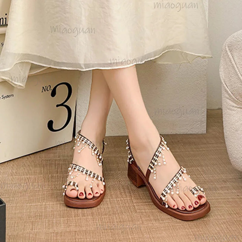Bohemian Women's High Heel Sandals – Rhinestone Pearl Clip Toe