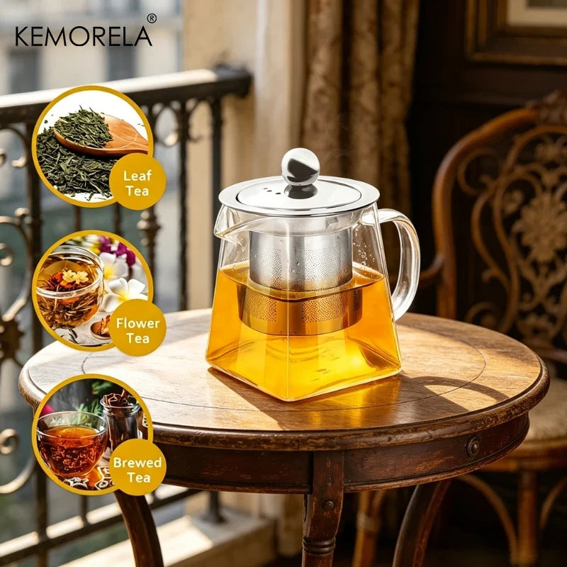 KEMORELA 1L Glass Teapot with Stainless Steel Strainer