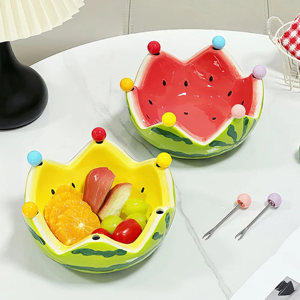 Watermelon Ceramic Fruit Bowl with Forks – Large Capacity
