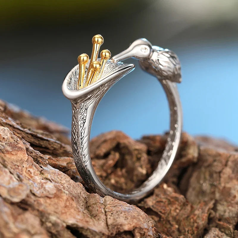 Huitan Bird & Flower Two-Tone Brass Ring for Women – Sizes 5–14