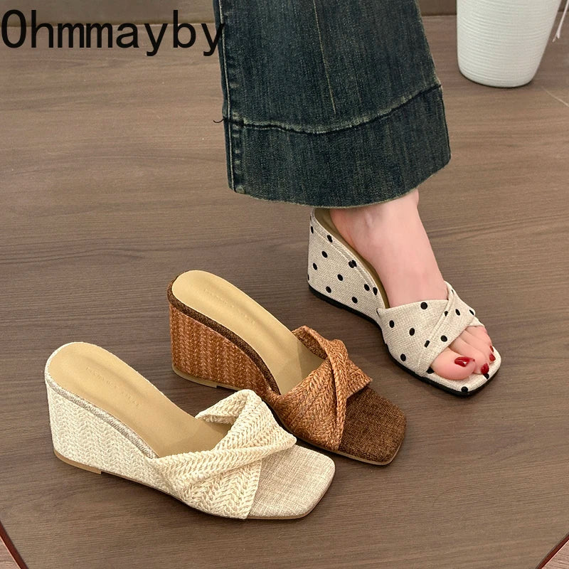 Women's Polka Dot Wedge Slippers – Square Toe Summer Slides