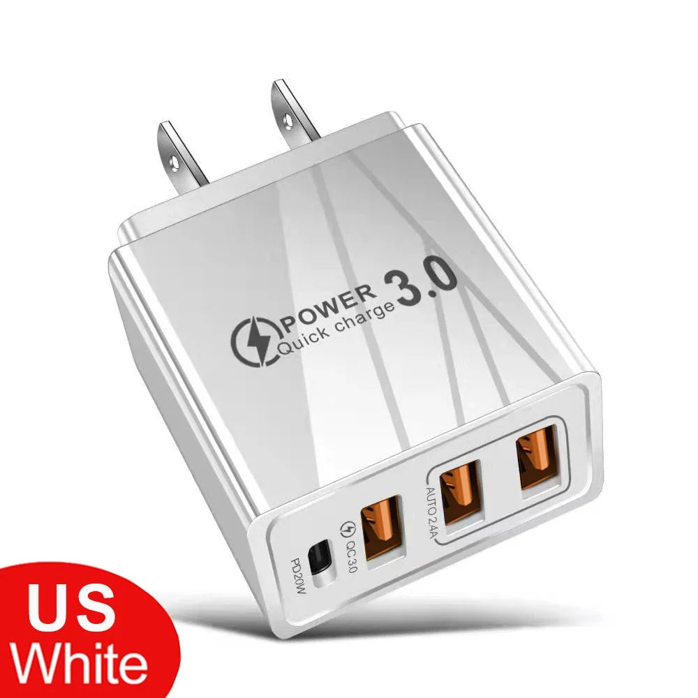 48W USB-C PD Fast Charger QC 3.0 | 4-Port EU/US Wall Adapter