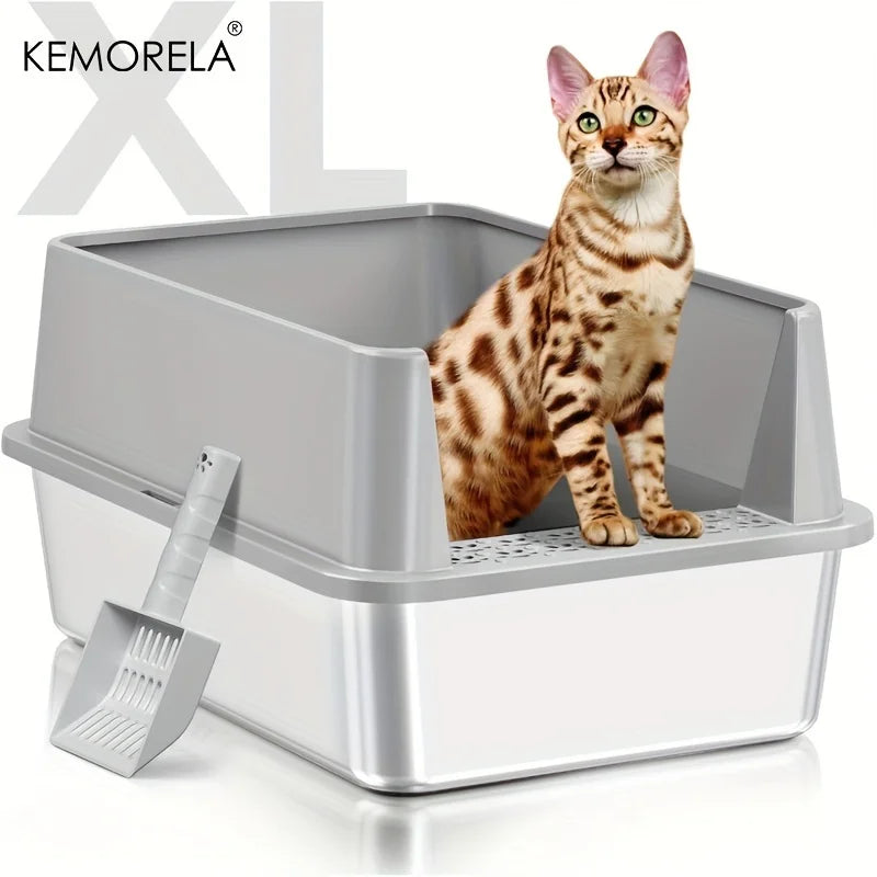 KEMORELA XL Stainless Steel Cat Litter Box with Lid & Scoop