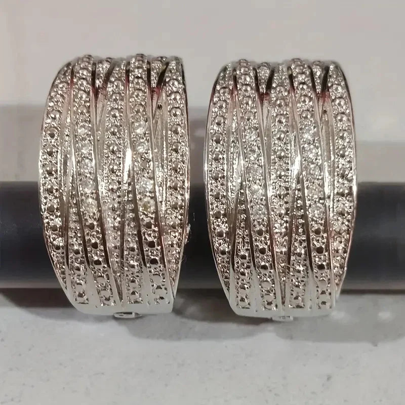 Huitan Cubic Zirconia Hoop Earrings | Silver Geometric Fashion