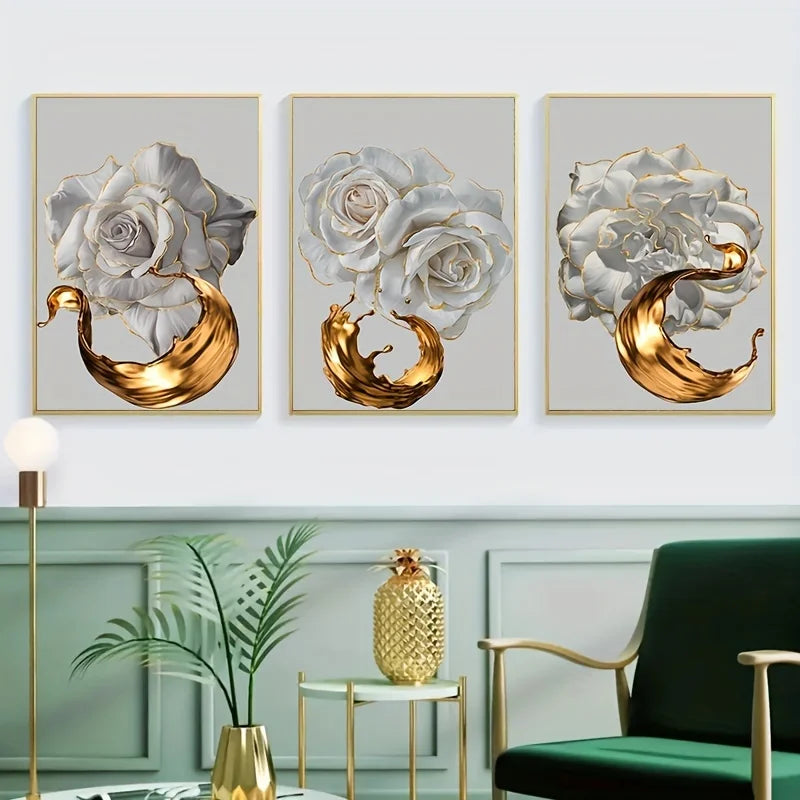 3-Piece White Rose Gold Canvas Wall Art | Modern Floral Decor