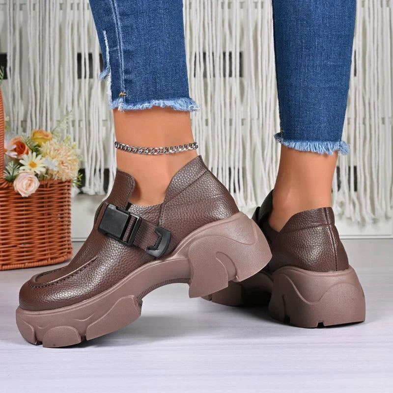 UXST Women's Retro Platform Sneakers – Buckle Leather Shoes