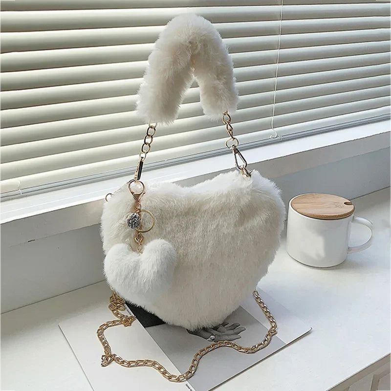 Korean Plush Heart Crossbody Bag – Faux Fur Shoulder Clutch