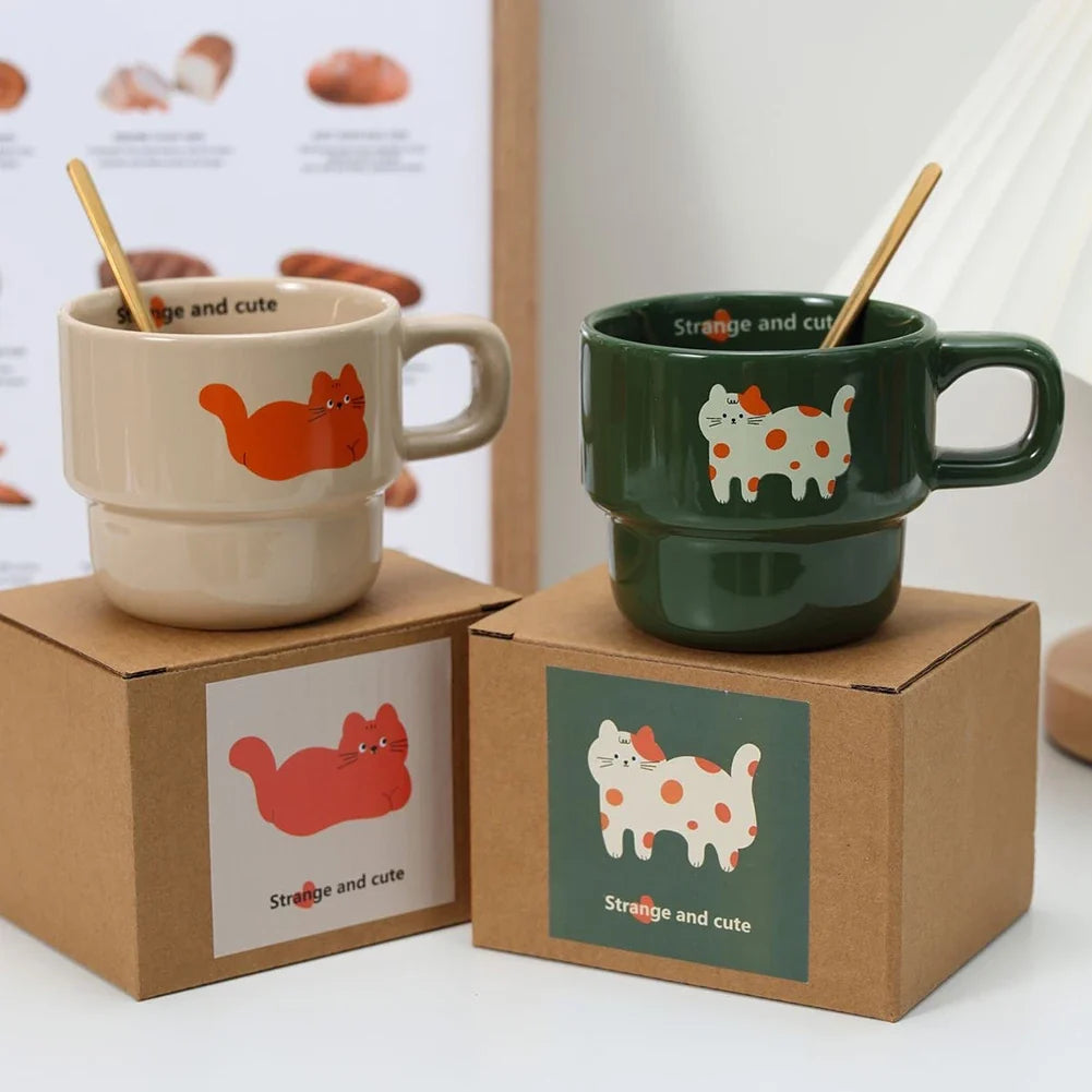 Japanese Cute Cat Ceramic Coffee Mug | Stackable Cartoon Cup