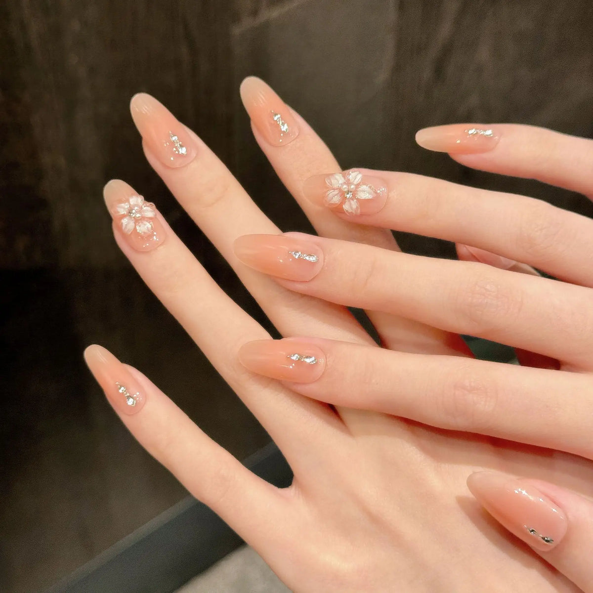 Press On Nails Pink Almond Cat Eye Korean Flower Design – 10pc